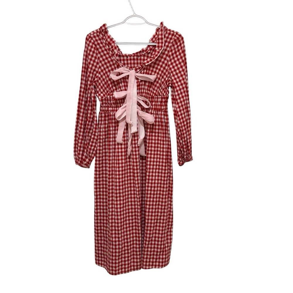 Red Gingham Smock Waist Ruffle Dress XXS or 10/12 Cottagecore Coquette Prairie